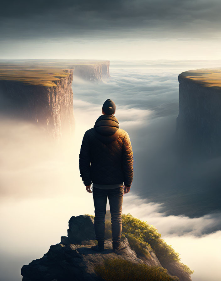 Person standing on rocky outcrop gazes at massive cliffs above sea of clouds