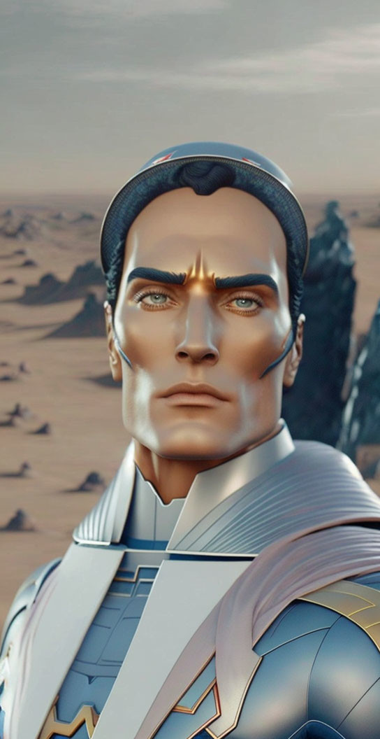 Futuristic white and blue armored male in desert setting