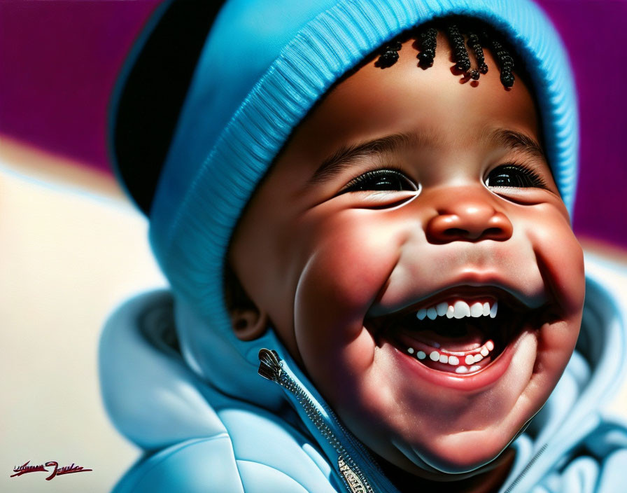 Smiling toddler in blue hat and jacket with sunlit cheeks