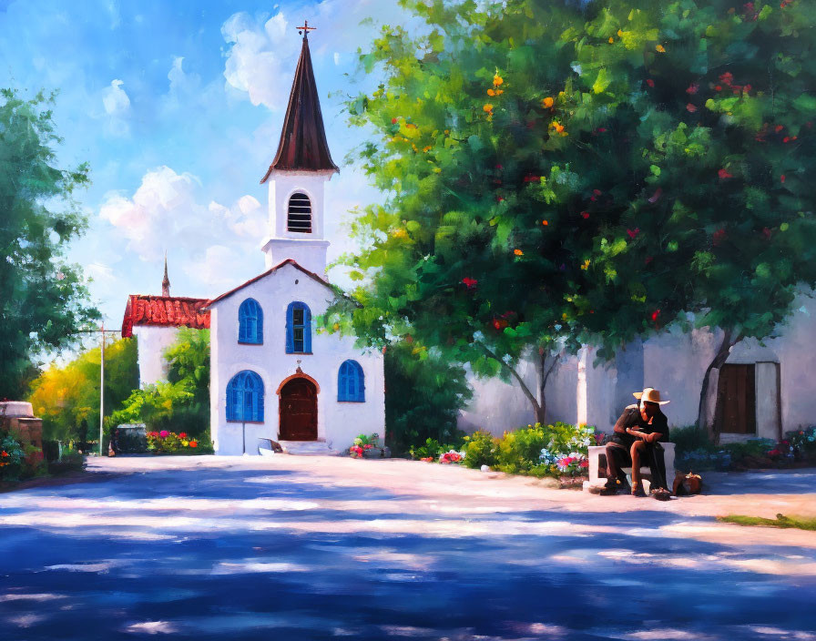 Tranquil painting of white church, trees, flowers, and person on bench