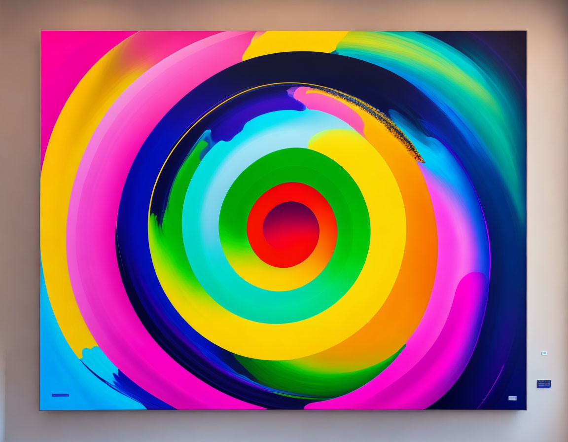 Abstract painting with vibrant concentric circles in spiral pattern exhibited in gallery
