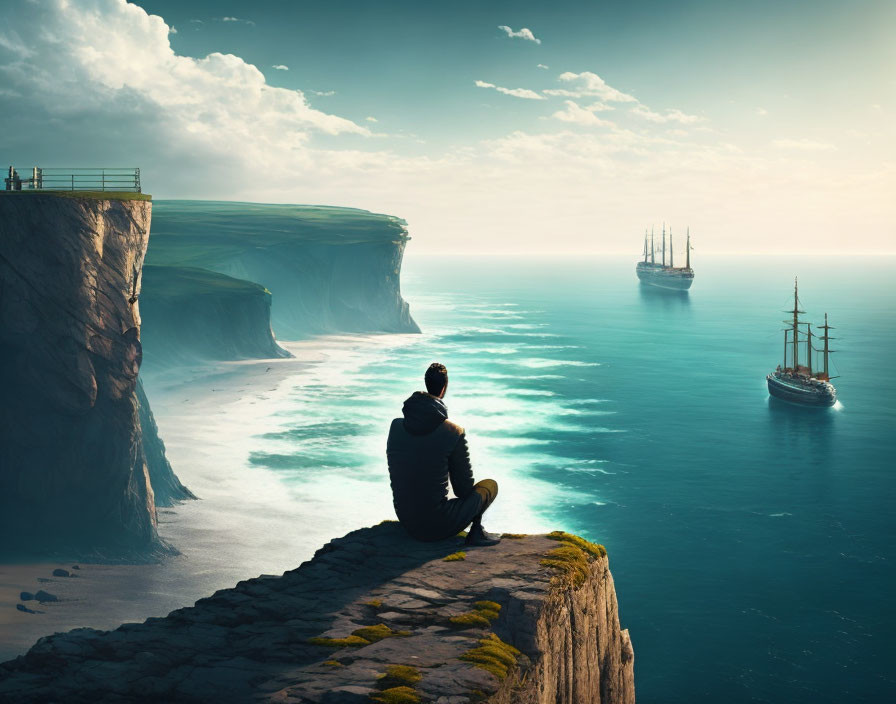 Person sitting on cliff overlooking ocean with sailing ships in distance