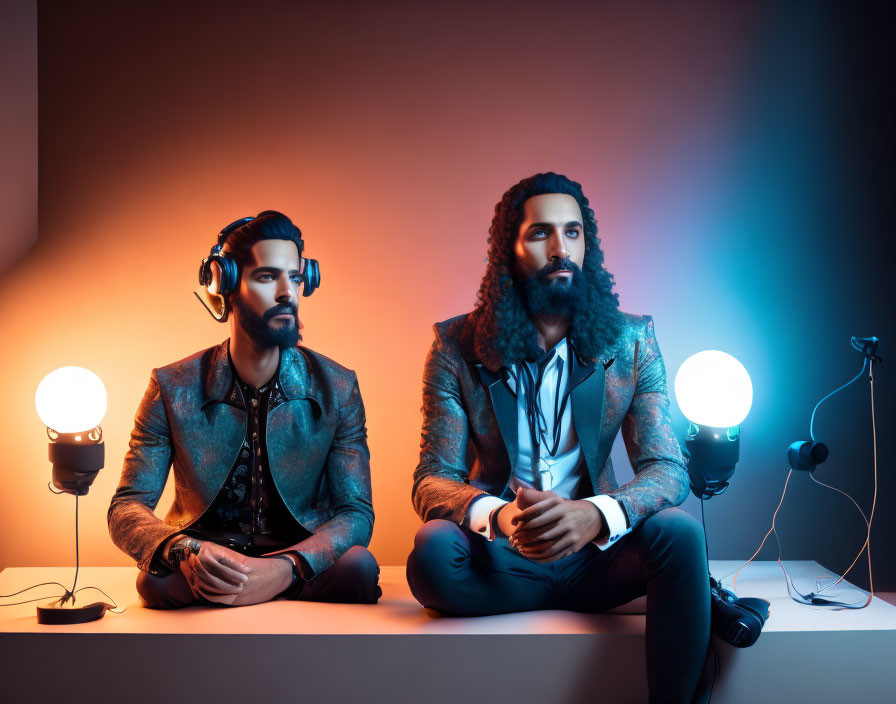 Stylish Men with Beards Sitting with Illuminated Globes