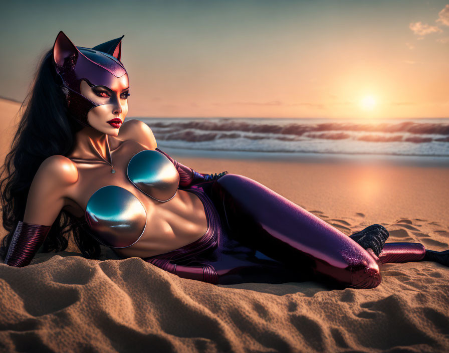 Person in Catwoman Costume Relaxing on Sandy Beach at Sunset