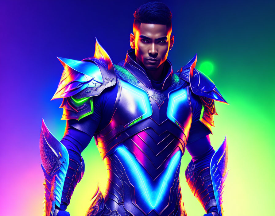 Futuristic armor on person against neon background