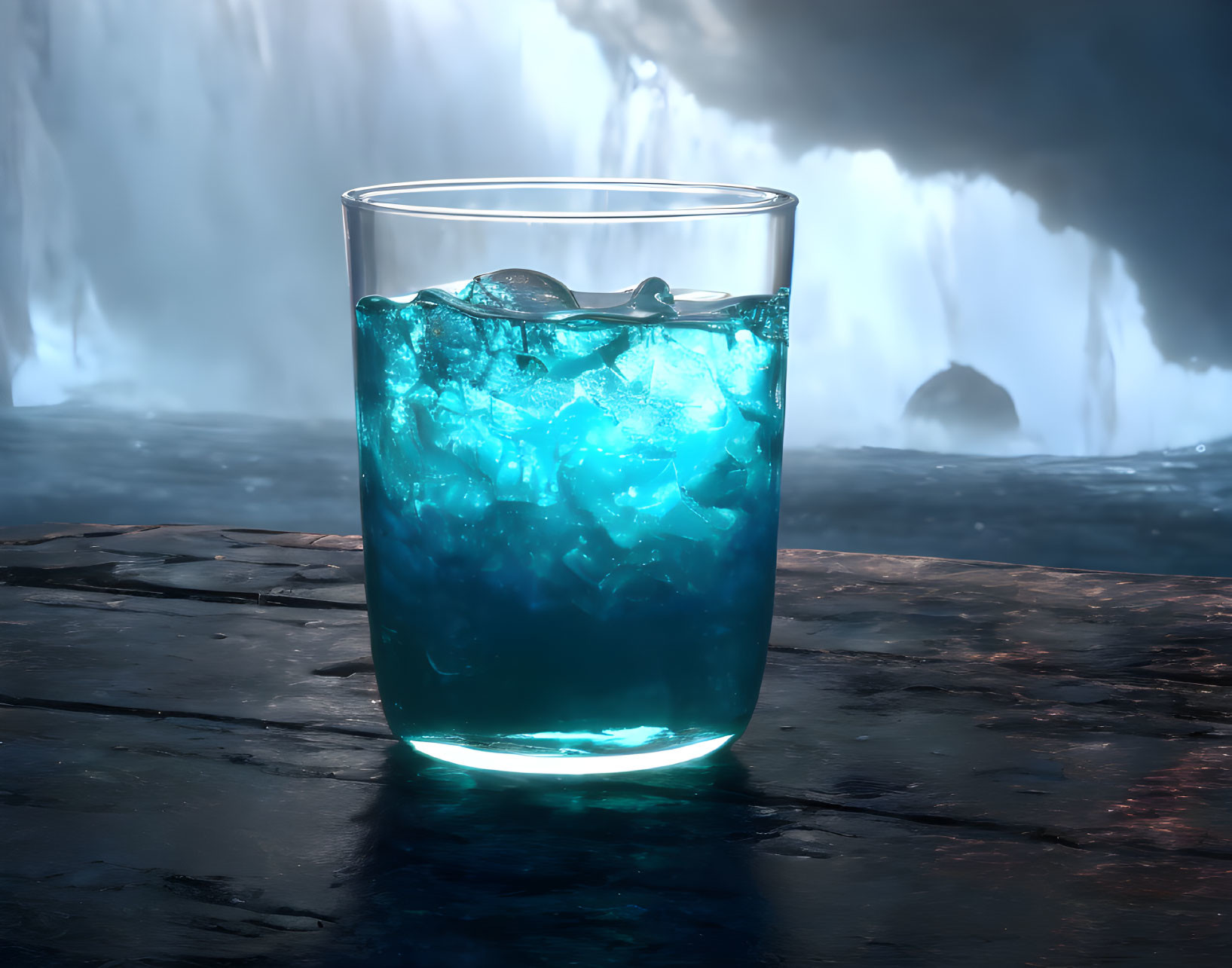 Blue Ice Drink Against Dark Waterfall Background