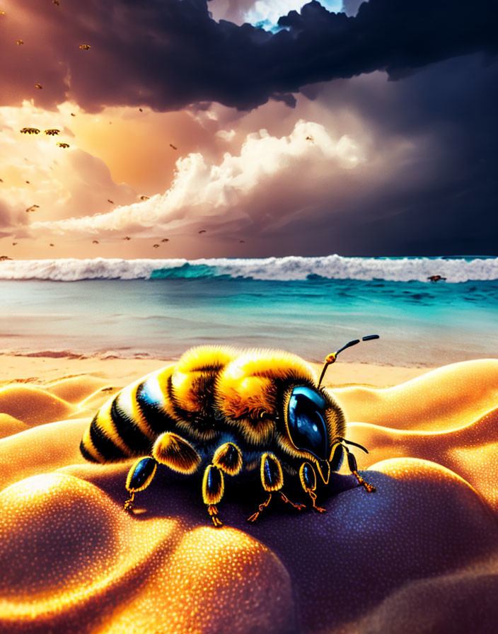 Digitally altered image: Oversized bee on surreal golden beach