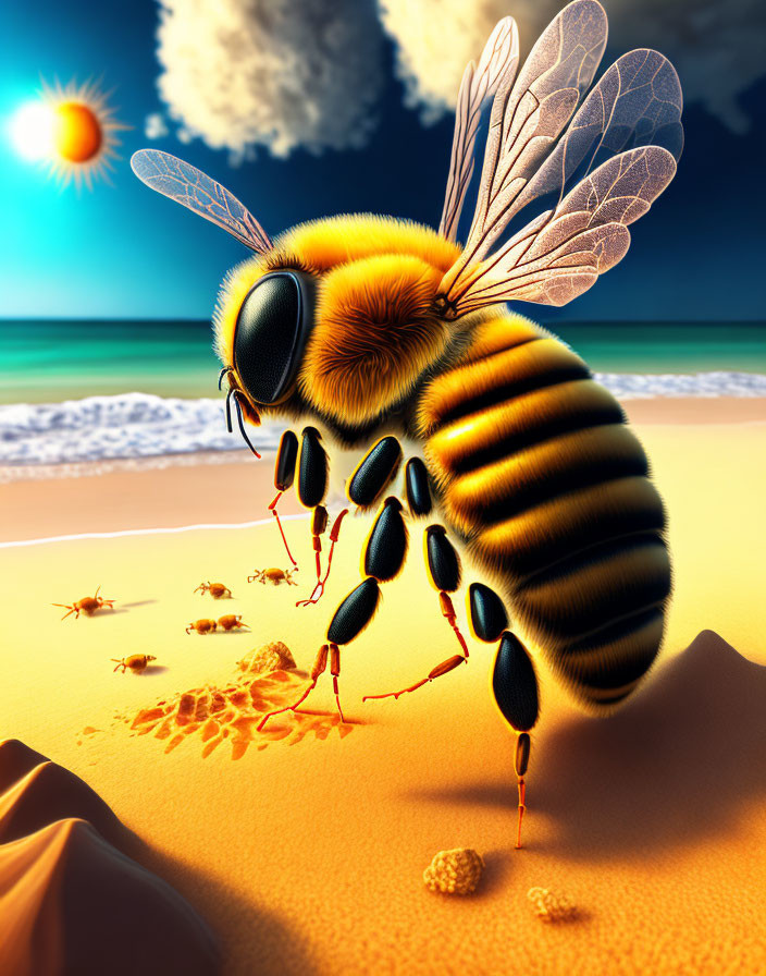 Giant detailed bee on sandy beach with sun and sky