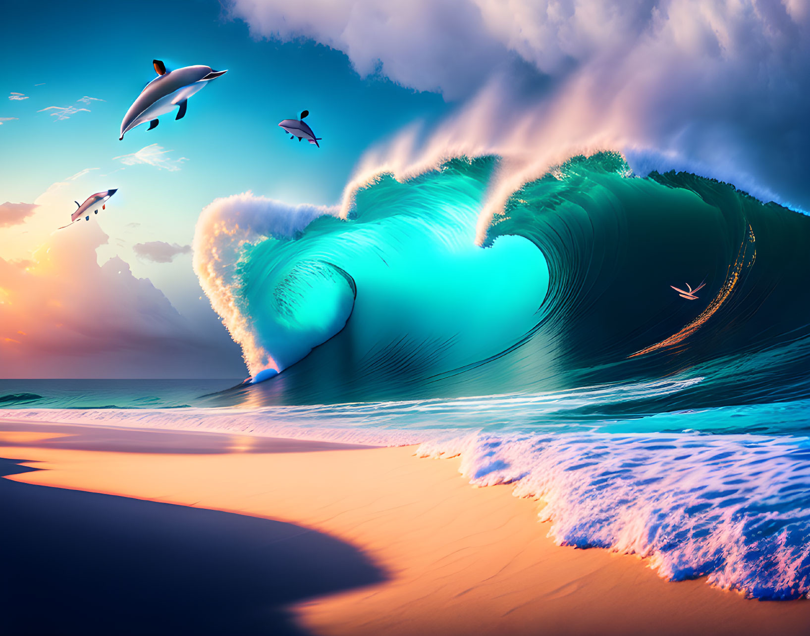 Vibrant sunset colors with dolphins and seagulls by large turquoise wave