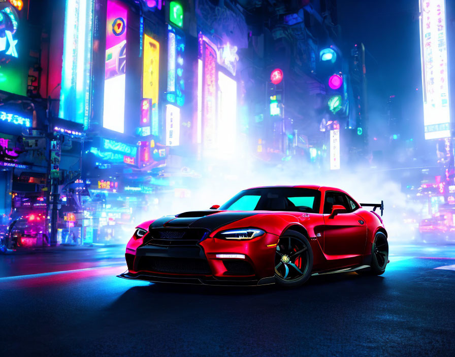 Vibrant red sports car with aftermarket modifications in neon-lit city scene