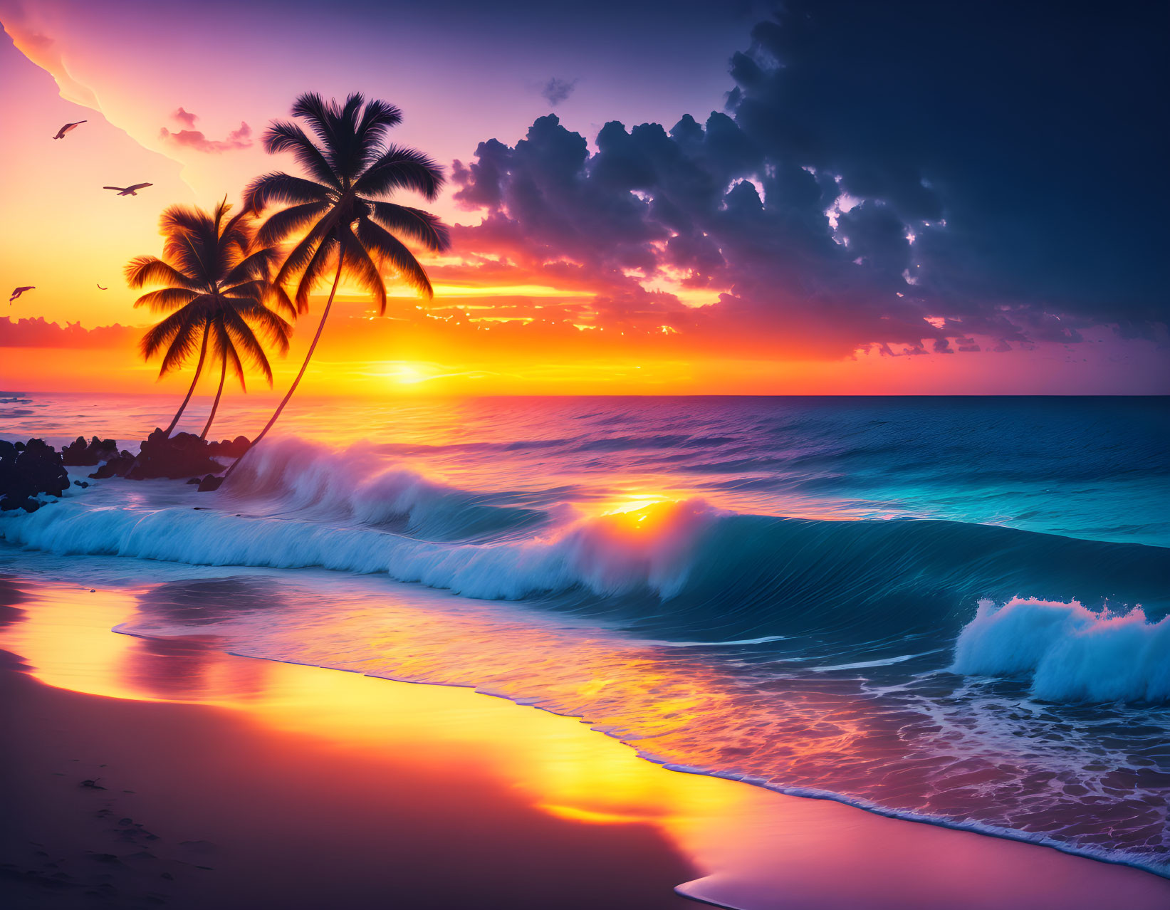 Scenic beach sunset with palm trees, radiant skies, reflective shoreline