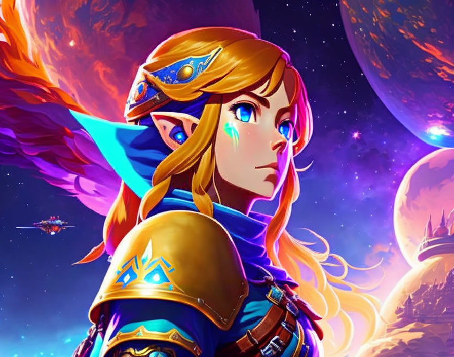 Blonde pointy-eared warrior in blue attire on cosmic background