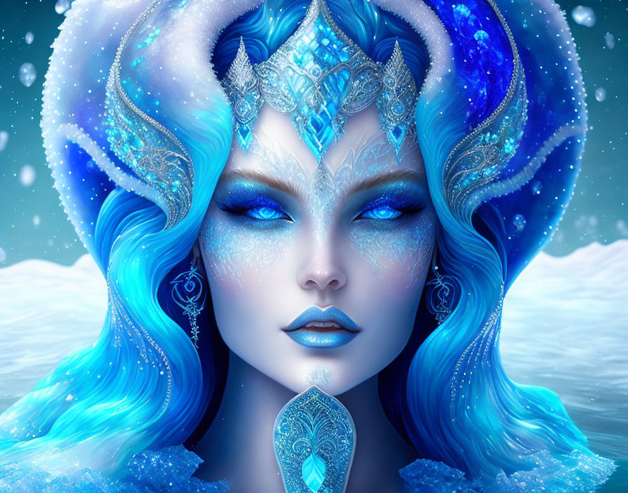 Fantasy illustration of female figure with blue skin and icy headpieces in snowy setting