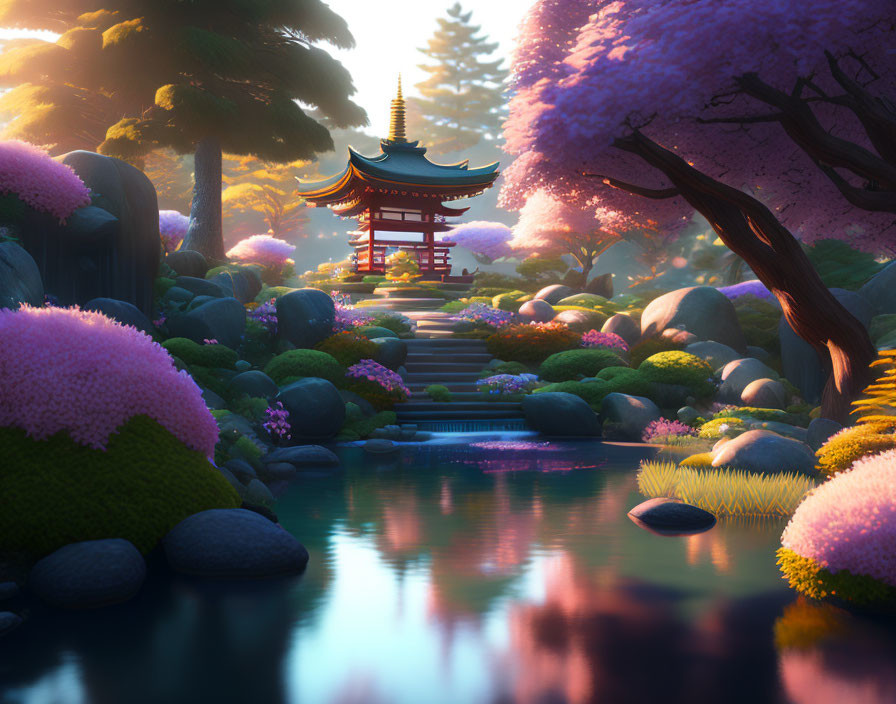 Traditional Pagoda Surrounded by Vibrant Flowers in Twilight Garden