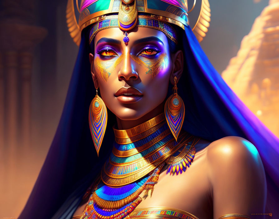 Egyptian Queen Digital Art with Gold Jewelry and Headdress