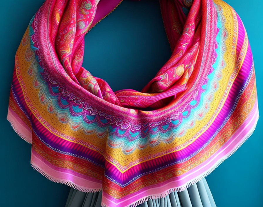 Colorful Patterned Scarf in Pink, Blue, and Yellow with Fringed Edges