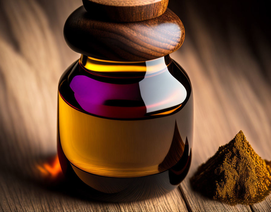 Glass Perfume Bottle with Wooden Cap and Golden Powder on Textured Surface