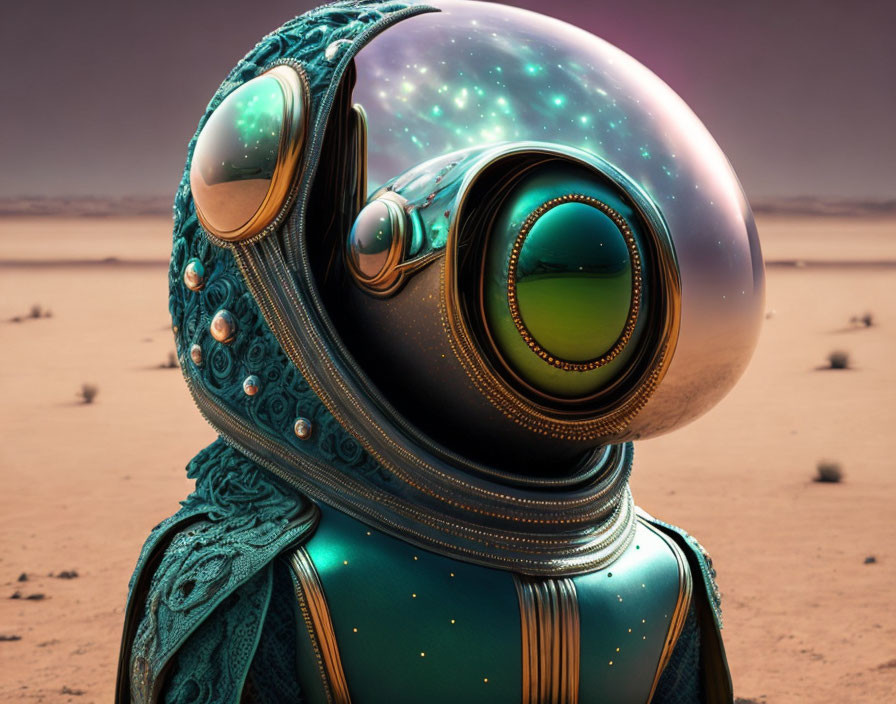 Detailed Futuristic Astronaut in Reflective Helmet Visor Against Desert Background