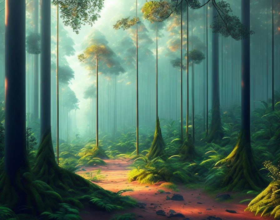 Sunlit mystical forest with tall trees, dirt path, and lush green ferns