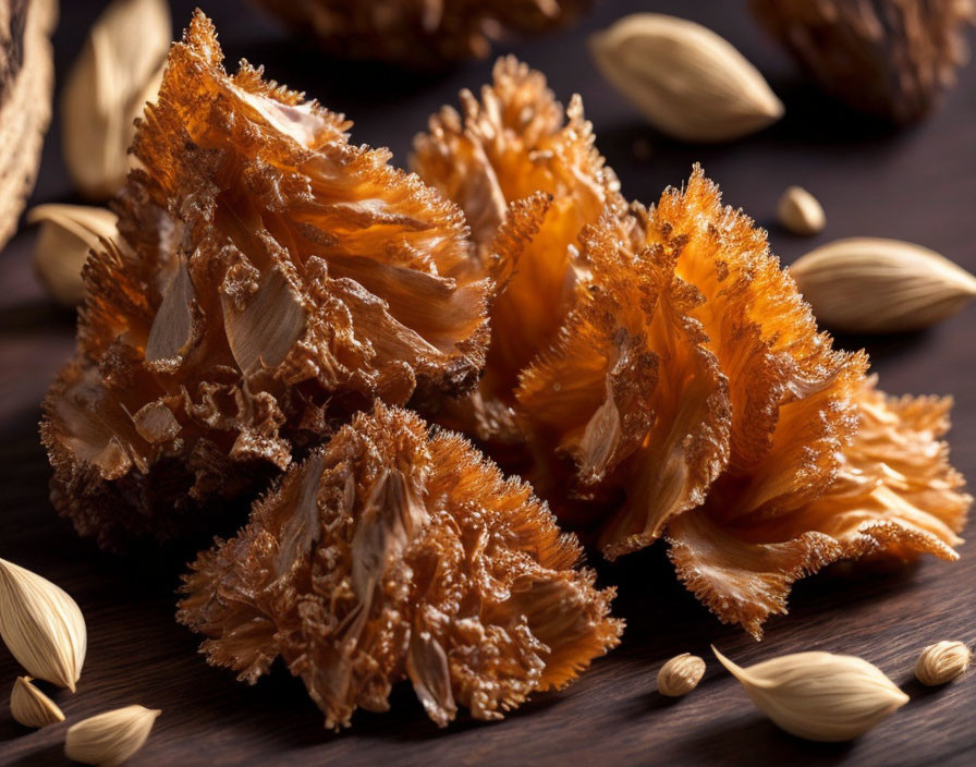 Crispy-fried onions with golden-brown edges and whole spices on dark wooden surface