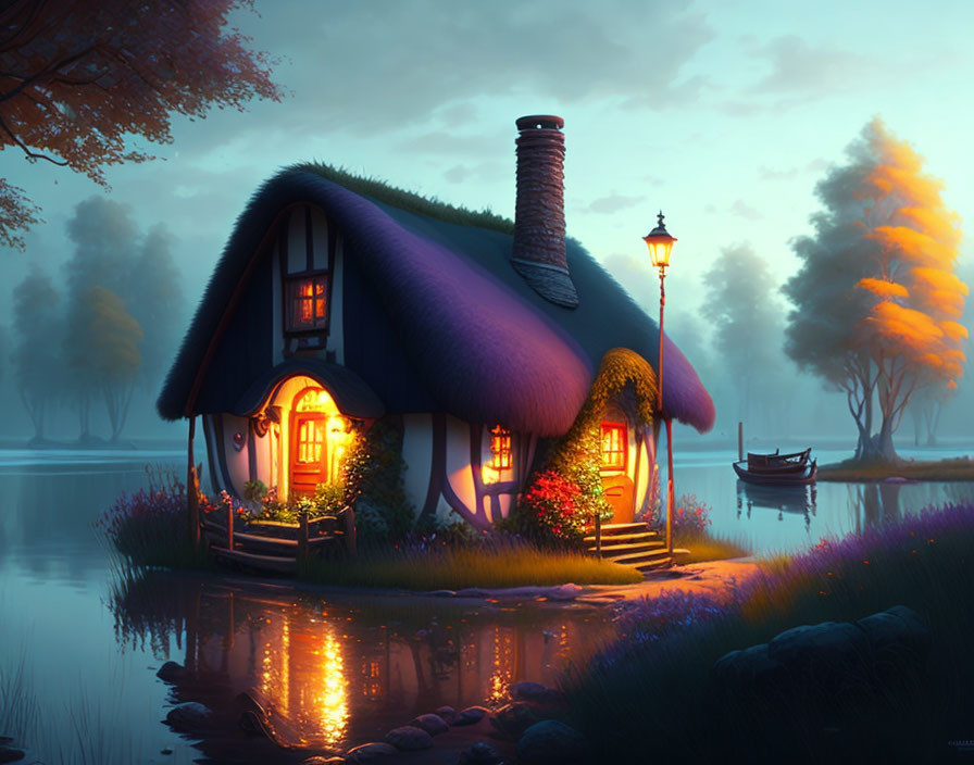 Thatched roof cottage by serene lake at dusk