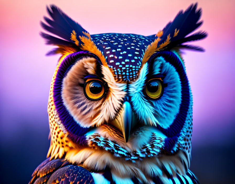 Detailed close-up: Vibrant owl with blue and orange feathers, yellow eyes on pink and blue gradient