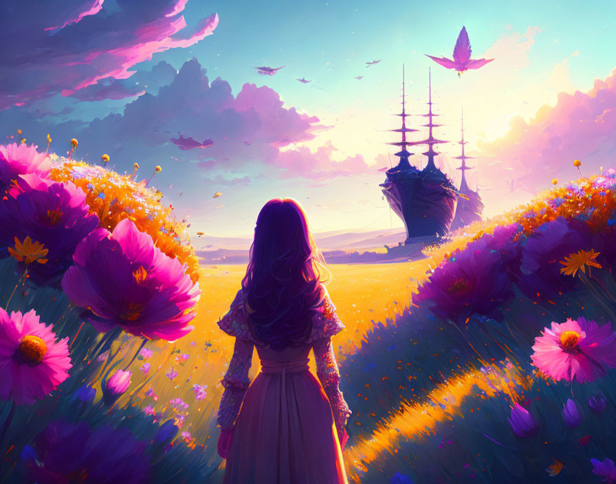 Girl in vibrant flower field gazes at ship in sky at colorful sunset