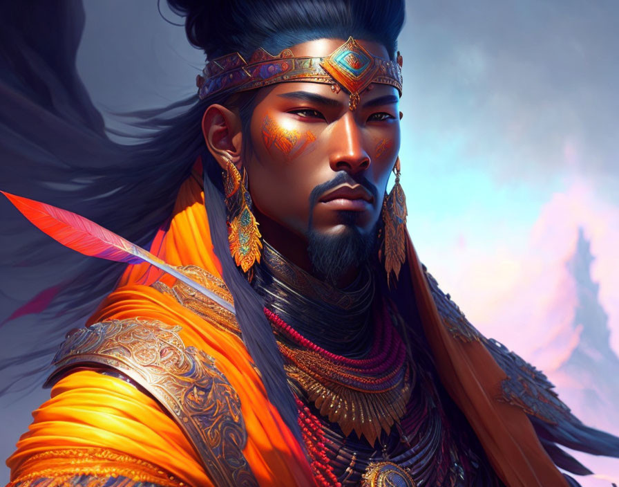 Detailed Illustration of Regal Asian Warrior in Ornate Armor