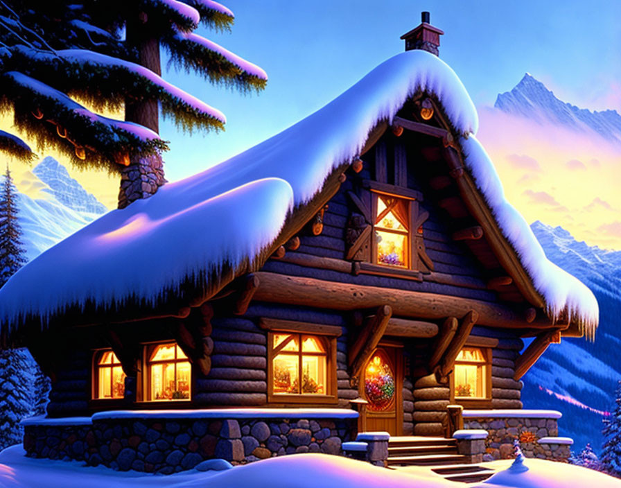 Snowy log cabin at twilight with warm glowing windows against mountain backdrop