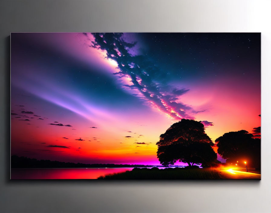 Twilight sky canvas wall art: purple to orange gradient, tree silhouettes, starry canopy