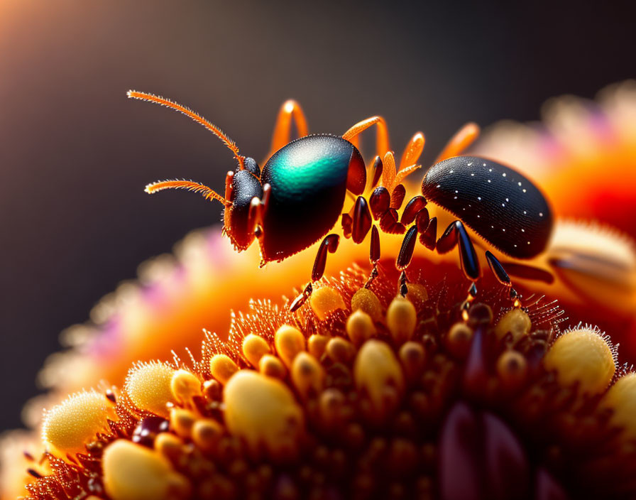Iridescent beetle on vibrant flower with detailed anatomy against soft background