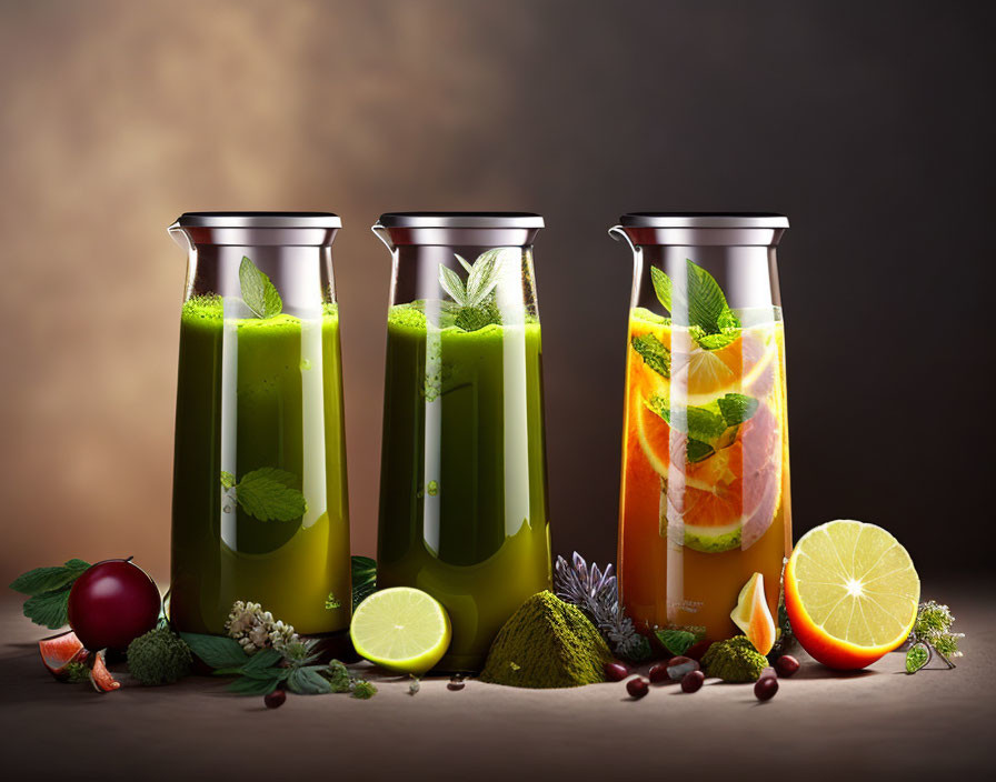 Three pitchers of fresh juices with fruit garnishes on a table.