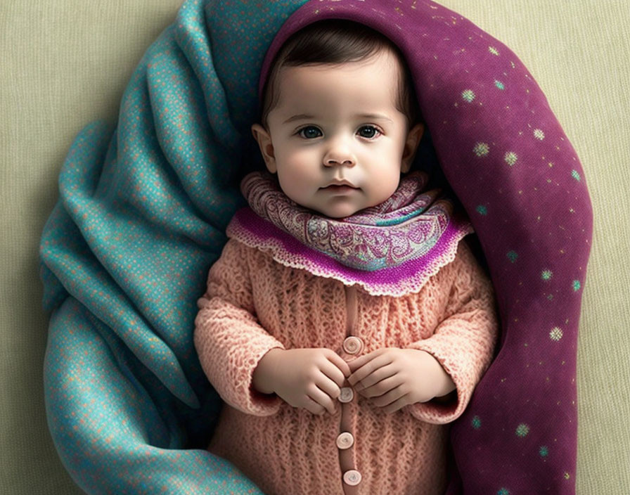 Baby with big eyes in blue blanket and pink sweater with purple collar.