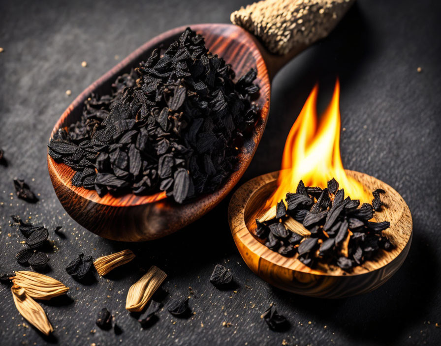 Wooden spoons with black spices, one on fire, on dark background with scattered spices.