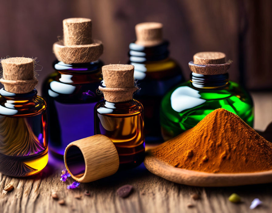 Vibrant essential oil bottles and spices on rustic table