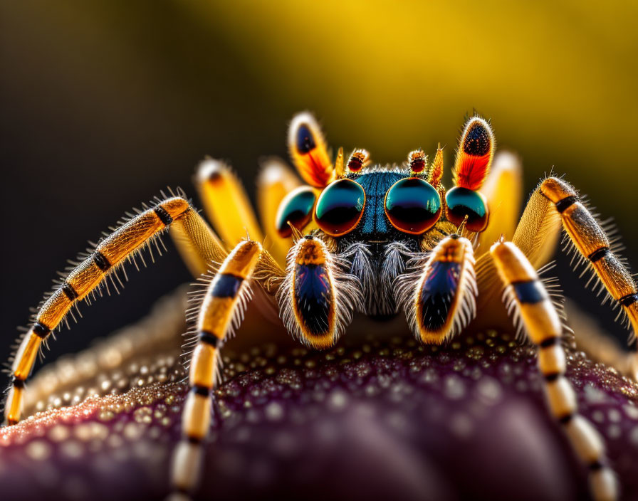 Colorful jumping spider with blue-green eyes and striped legs on textured surface.