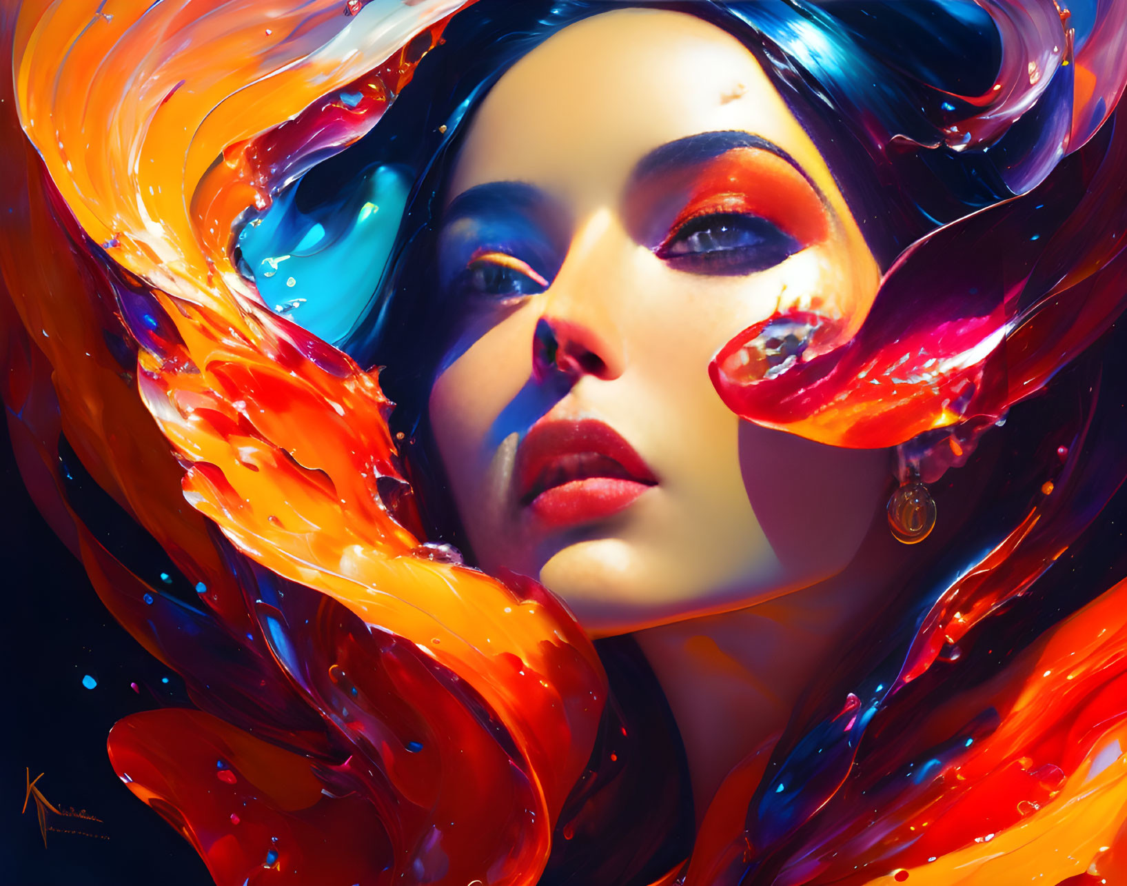 Vibrant portrait of a woman with orange and blue swirls.