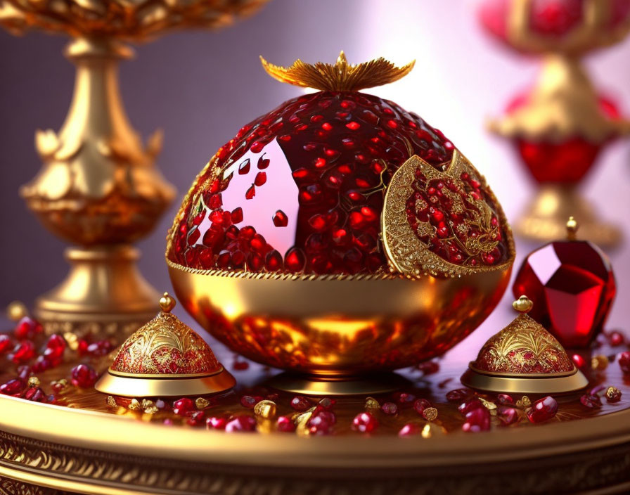 Luxurious Golden Egg with Red Gemstones and Ornaments on Table