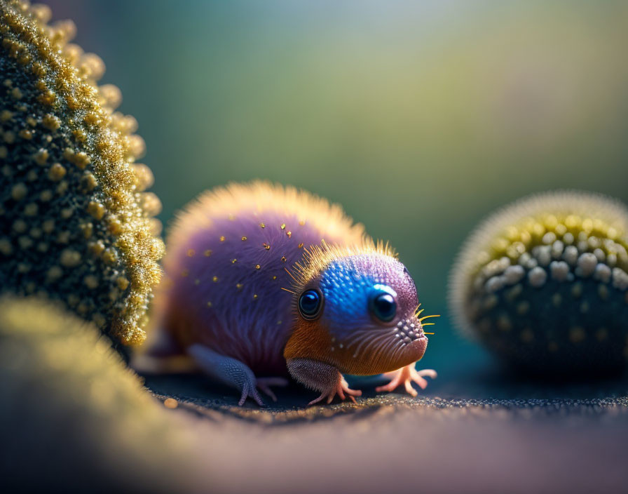 Vibrant digital artwork of round fruit-like creature in nature.