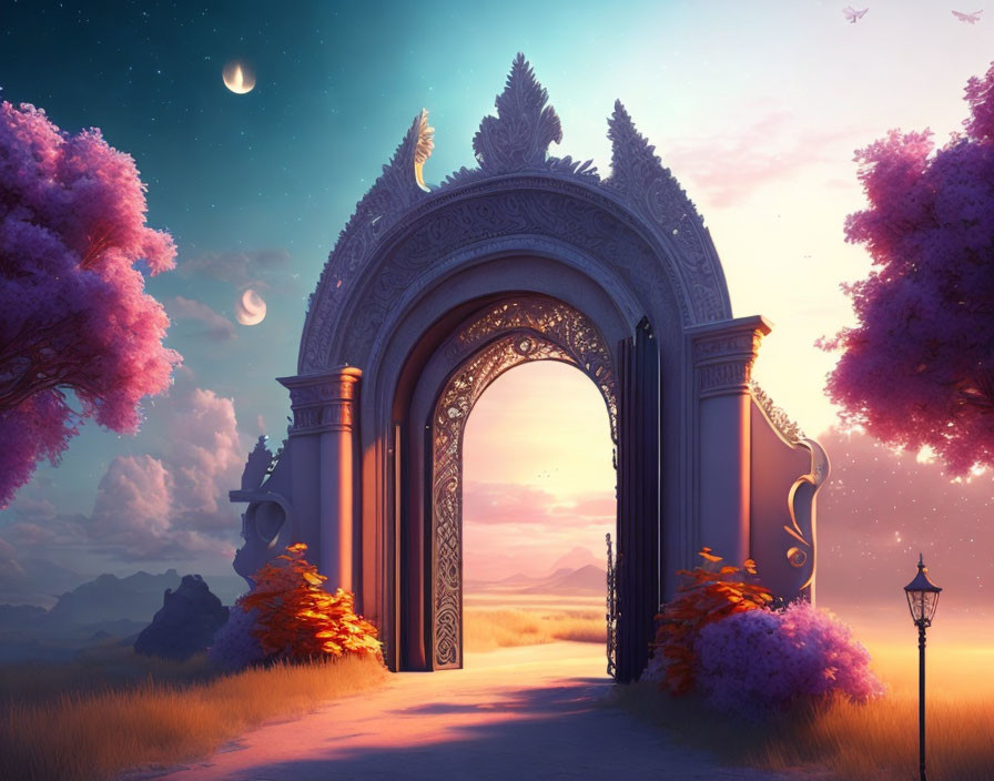 Ornate archway leading to serene landscape at dawn or dusk