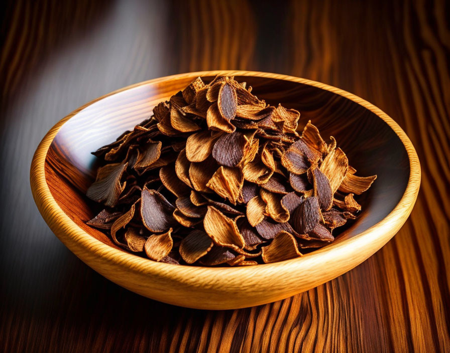 Wooden bowl with dried garlic slices on table with gradient background