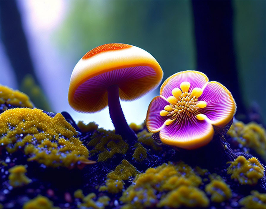 Colorful mushroom and flower on moss with blurred natural background