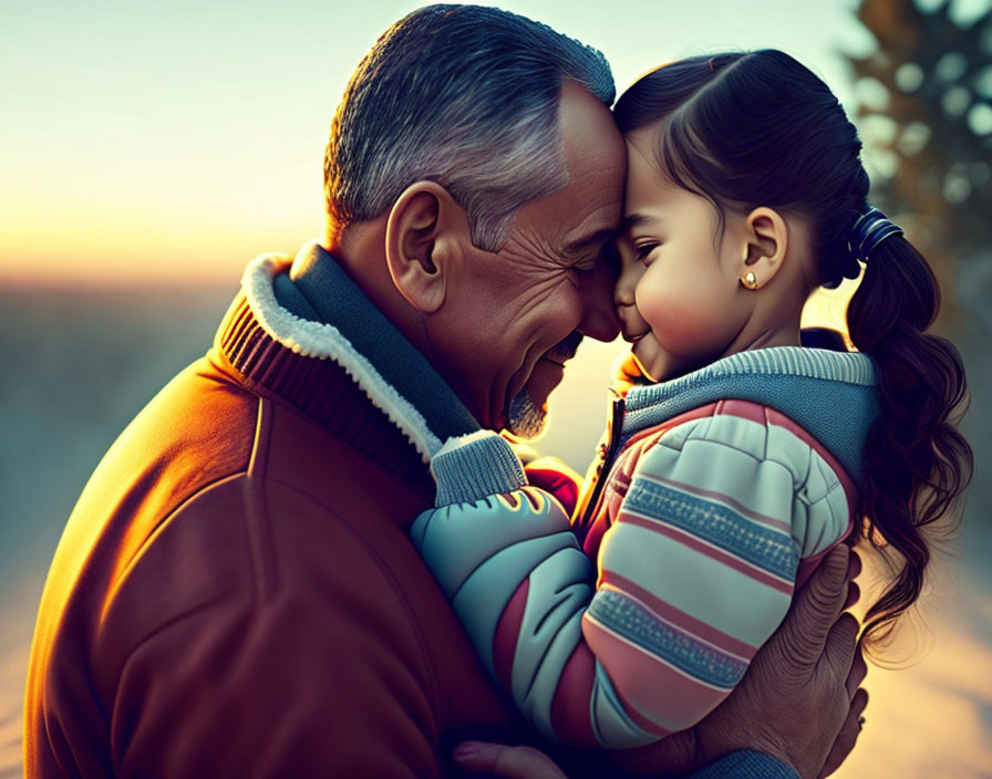 Smiling older man embraces young girl in warm sunset glow