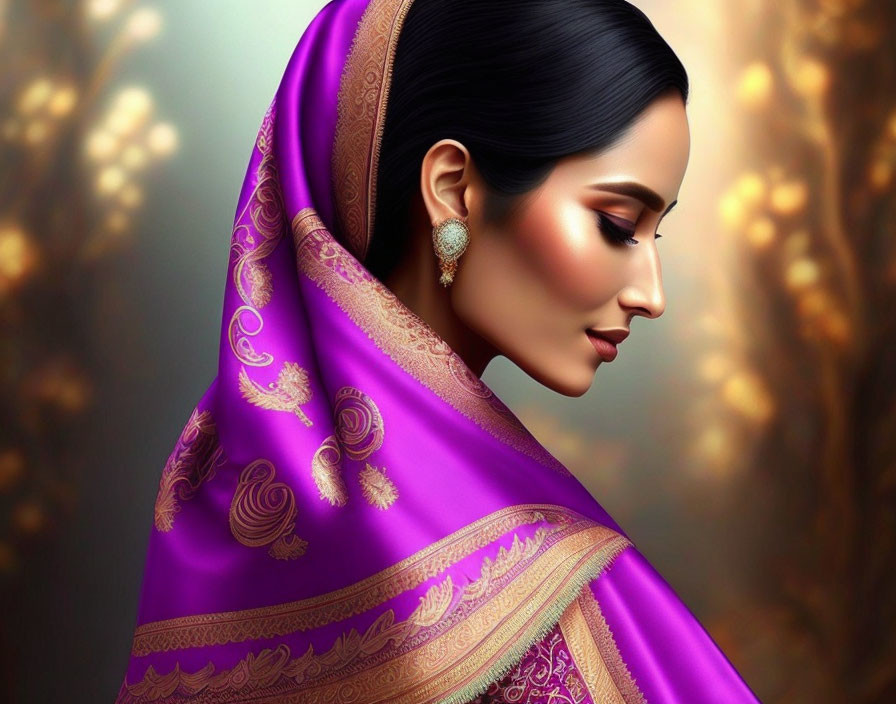 Profile portrait of woman in purple sari with gold details and earrings