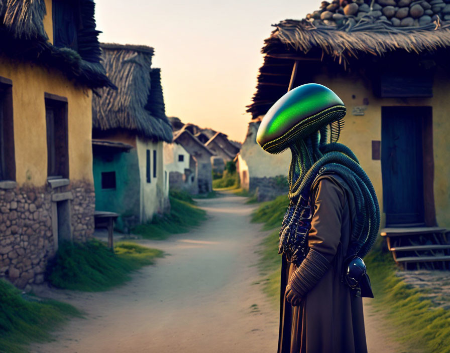 Futuristic helmet with tentacles in rustic village at dusk