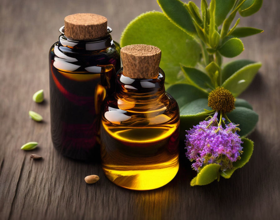 Amber Bottles with Essential Oils, Leaves, and Flowers on Wood