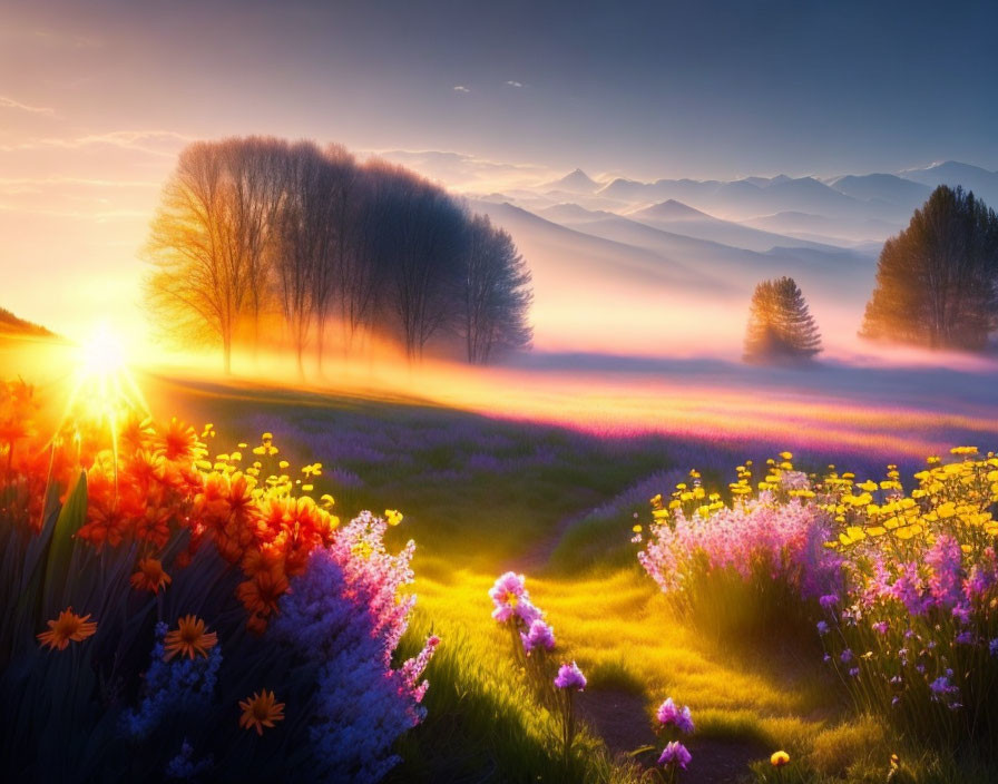 Vibrant flower field at sunrise with mist, winding path, and mountain silhouettes