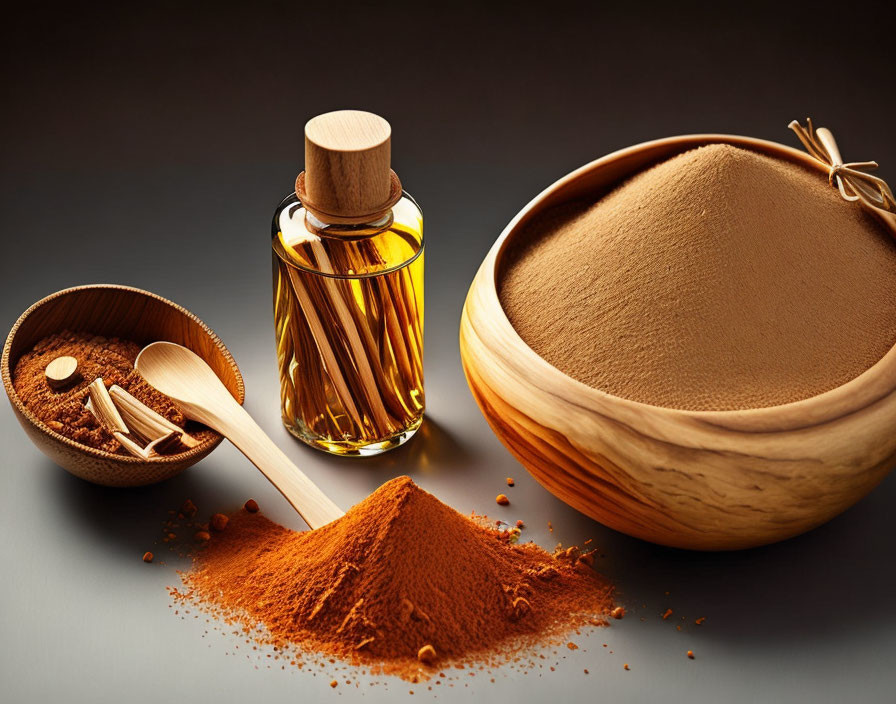 Aromatic oil bottle, cinnamon sticks, brown powder in wooden bowls