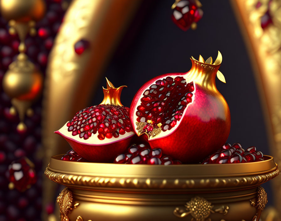 Ornate crowned pomegranates on golden stand with luscious seeds, against dark background