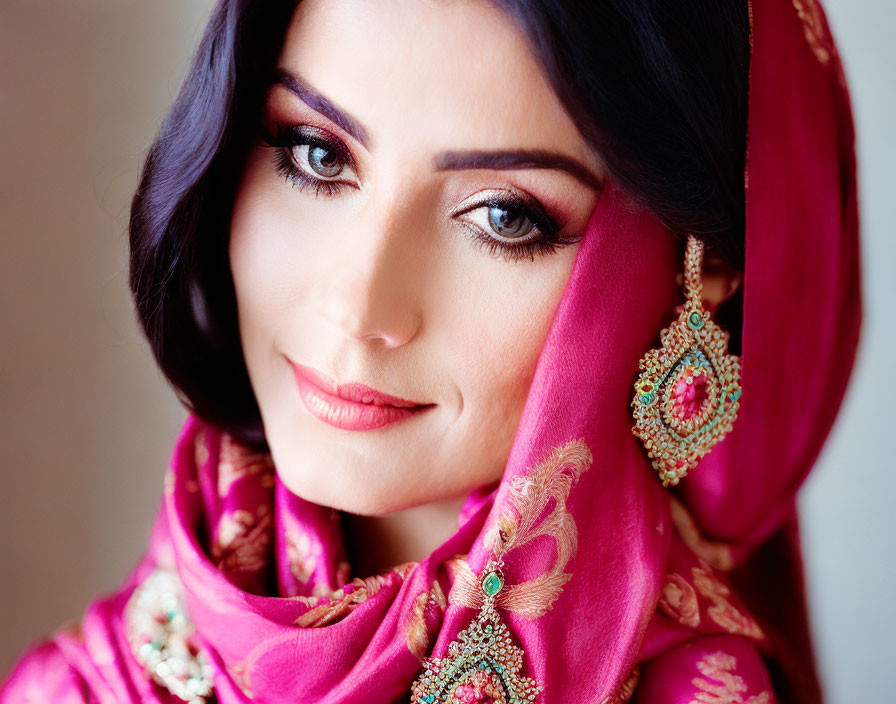 Dark-haired woman in vibrant pink headscarf with gold embroidery and jewels.